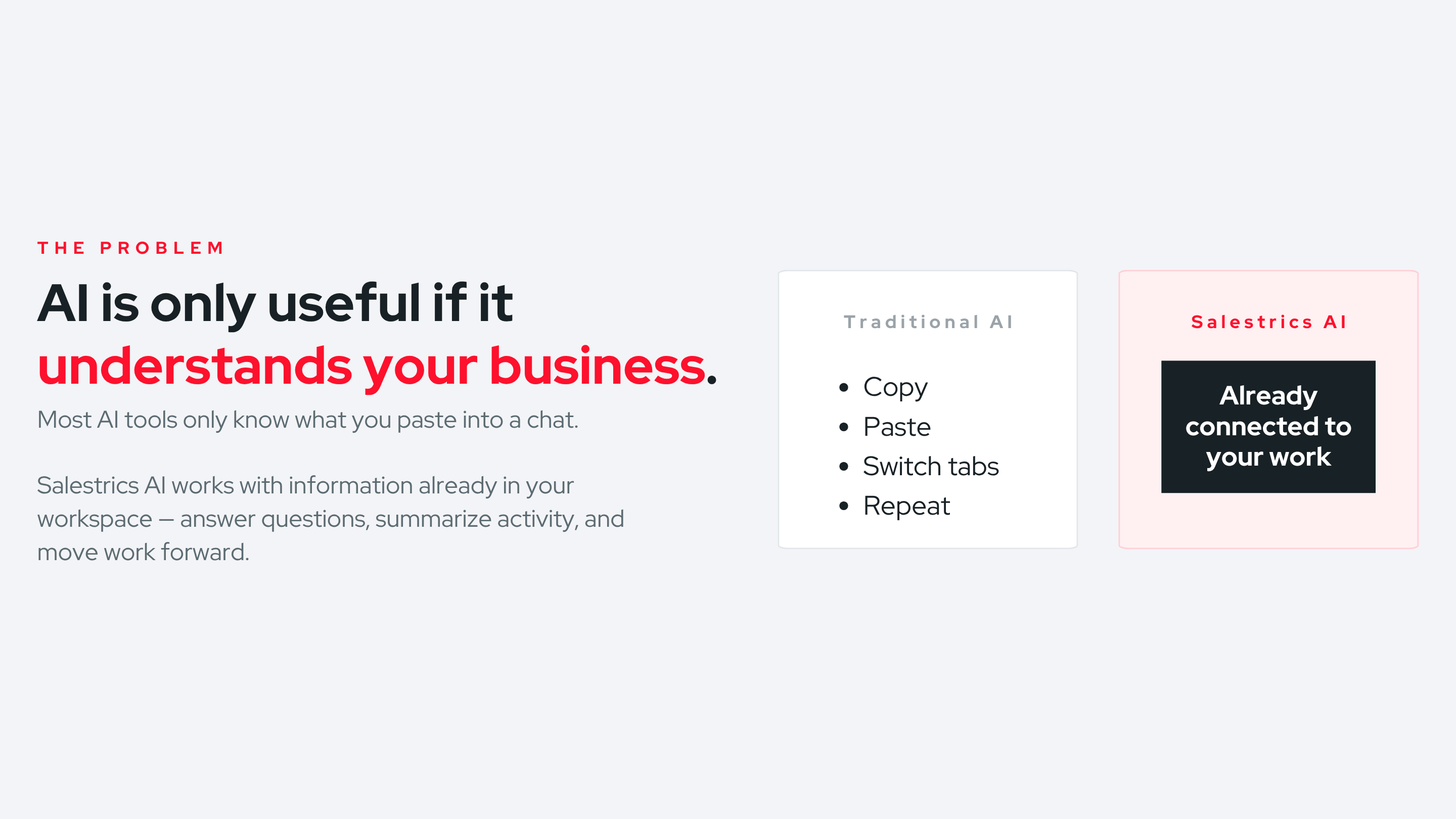 Traditional AI vs Salestrics AI — already connected to your work