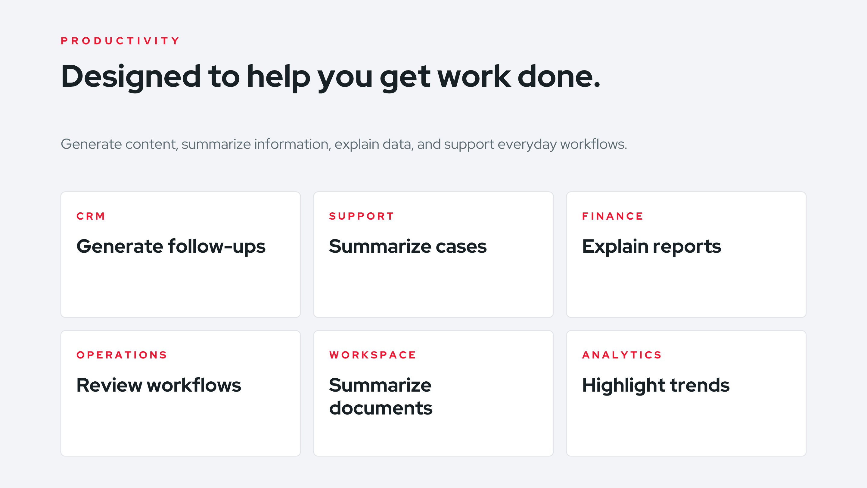 Salestrics AI productivity — CRM, support, finance, operations, workspace, analytics