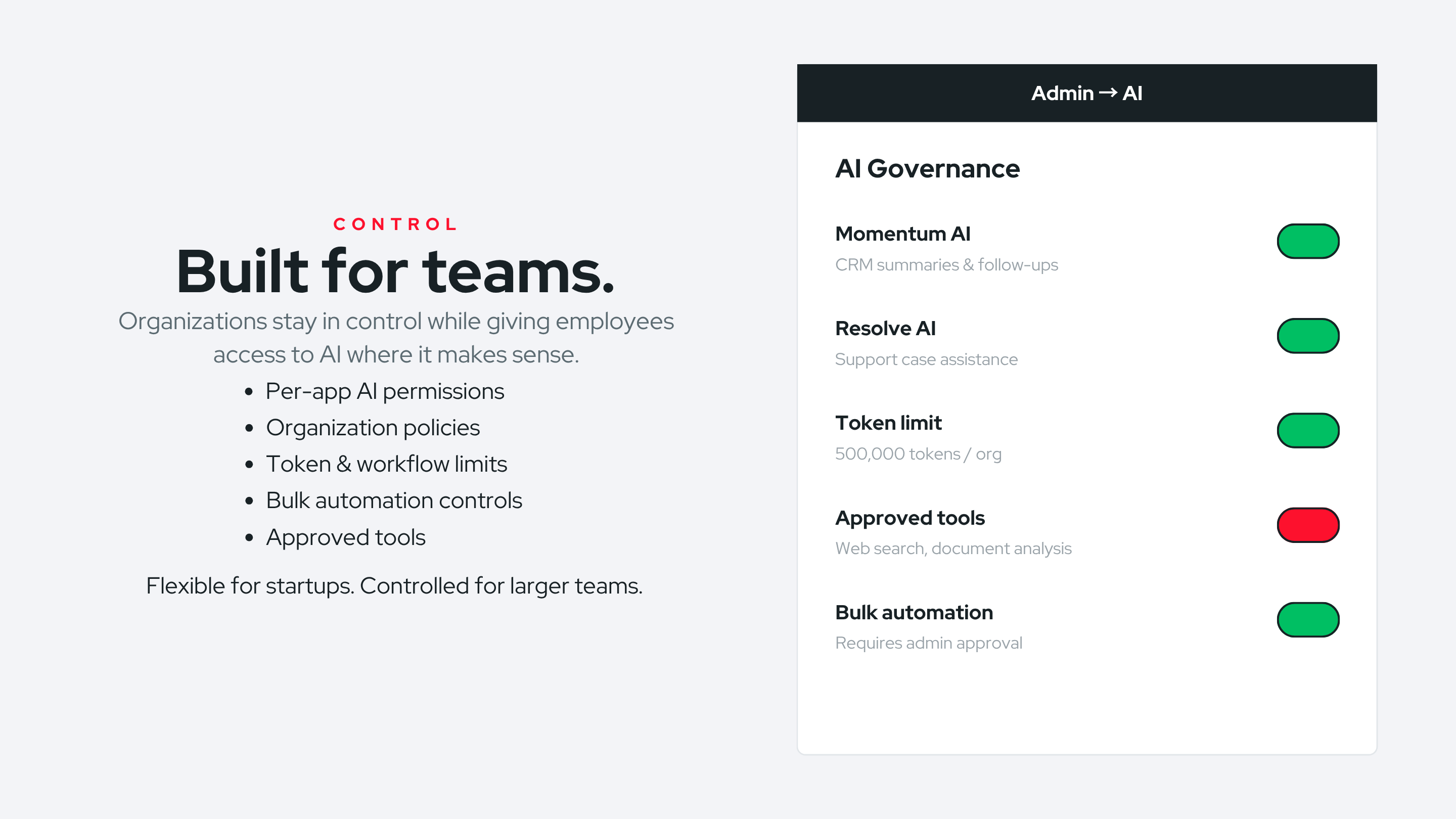 Built for teams — AI governance and per-app permissions