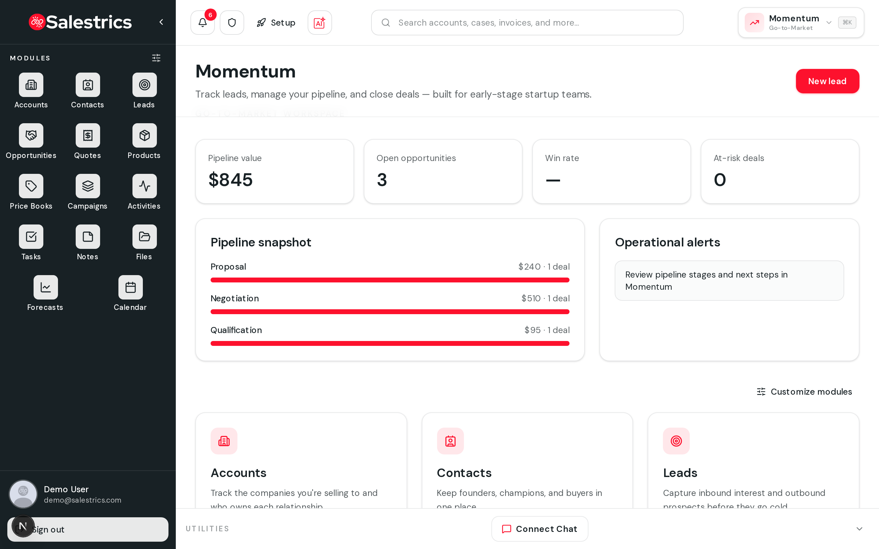 Momentum CRM home screen
