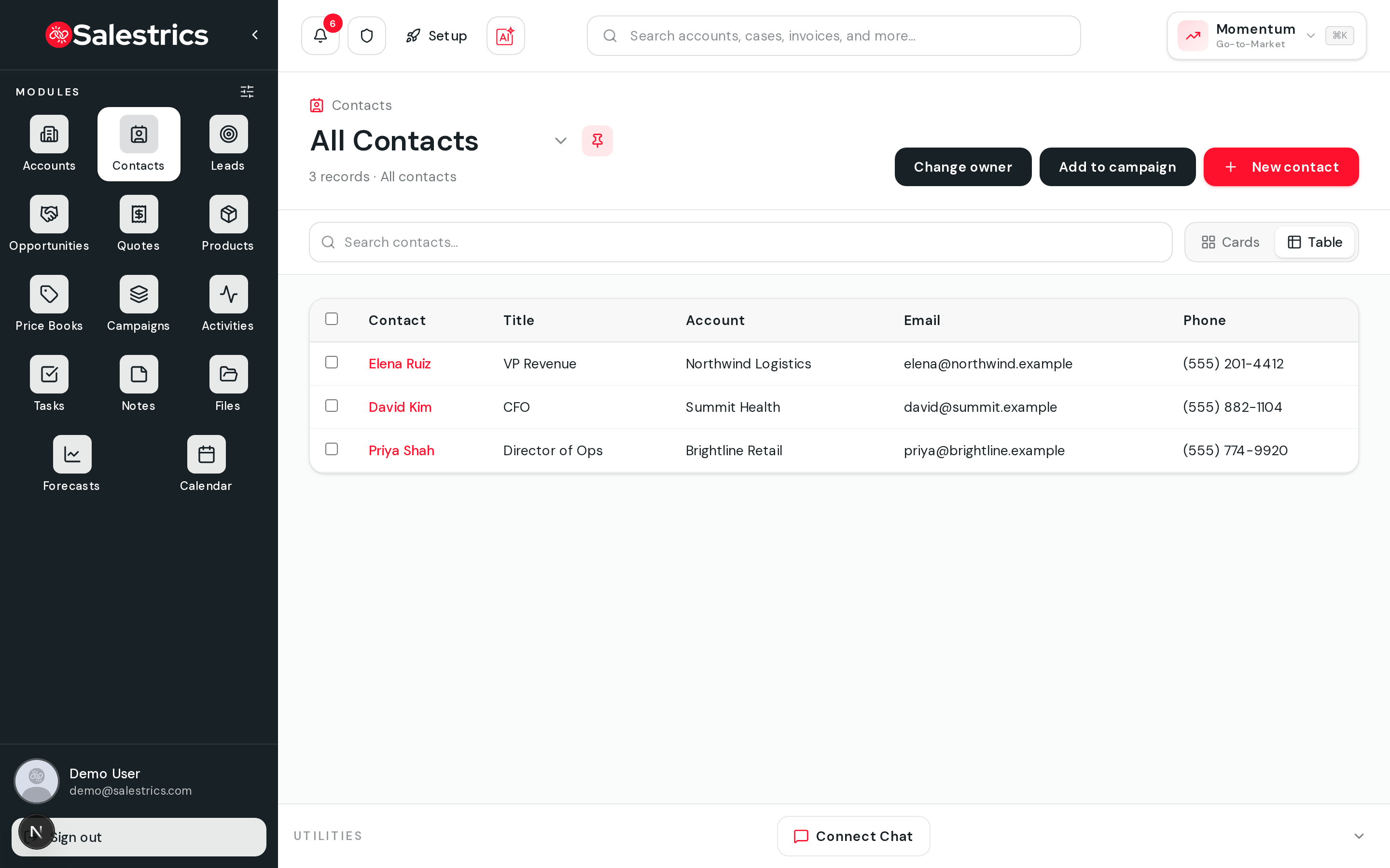 Contacts list in Momentum