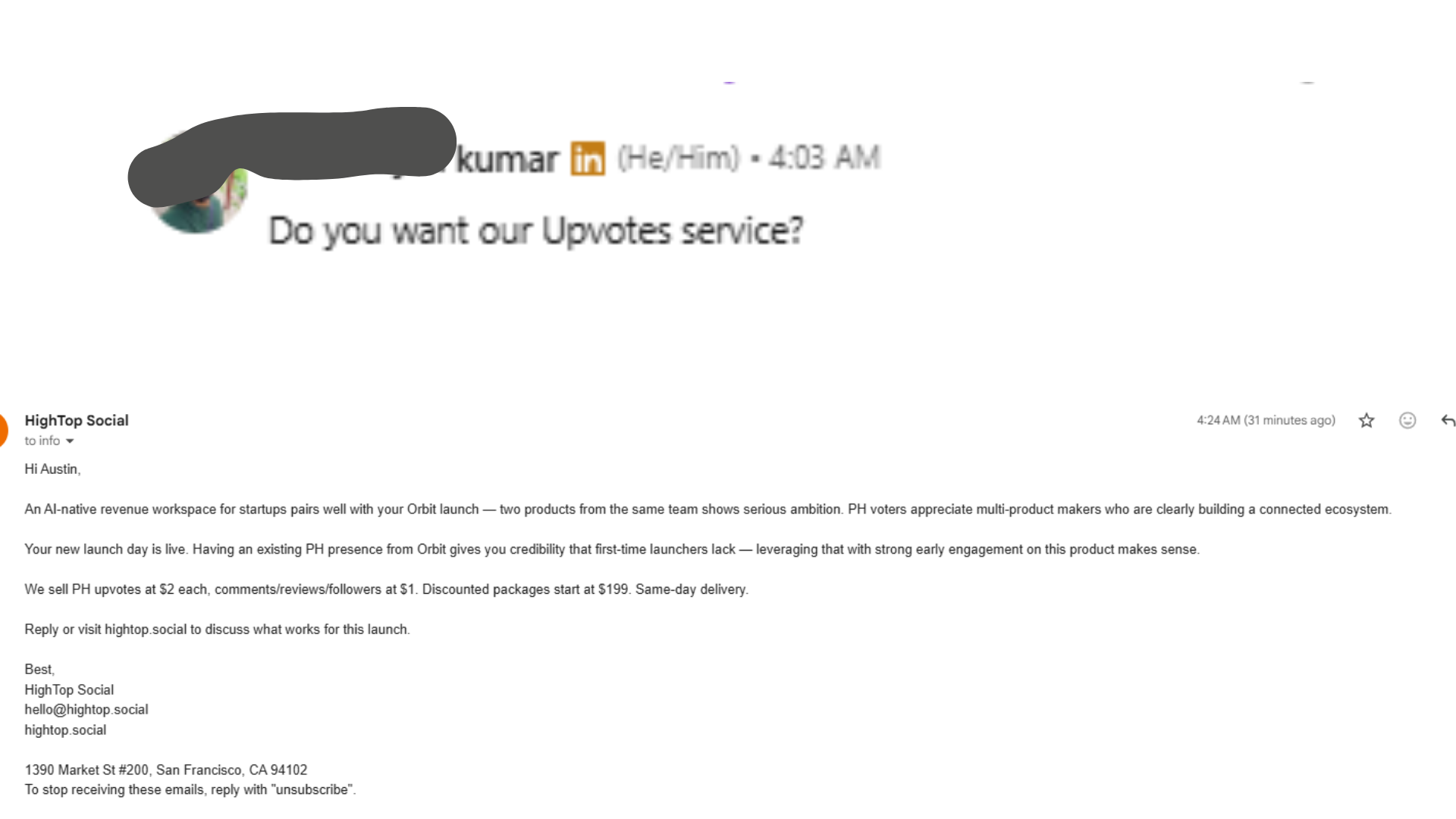 Unsolicited Product Hunt upvote offers — a LinkedIn DM and a HighTop Social email pitching $2 upvotes and $1 comments despite repeated unsubscribe requests